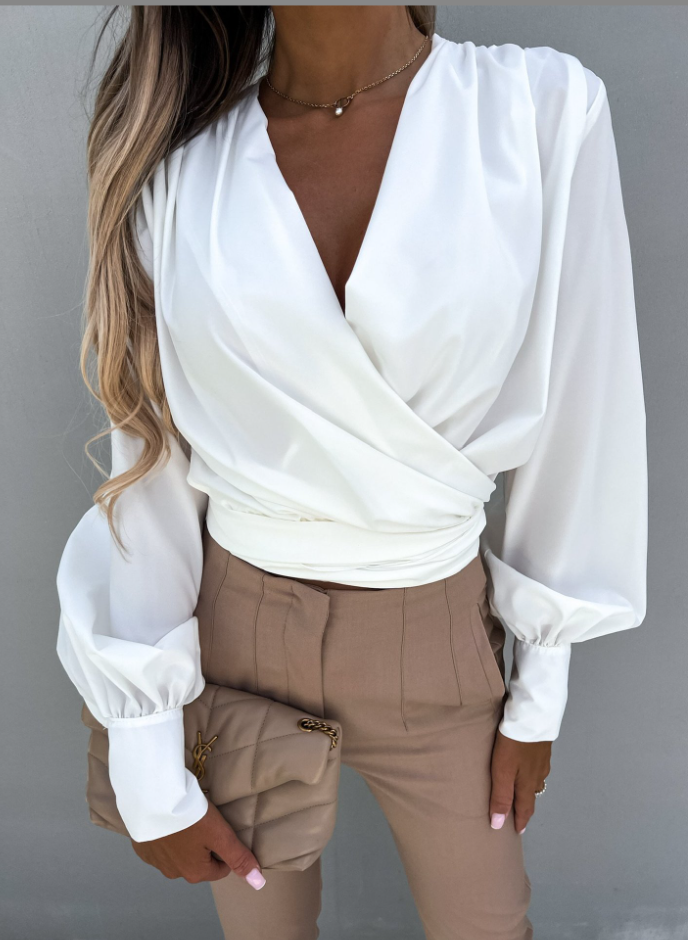 Diora - V-hals Blouse met Pofmouwen