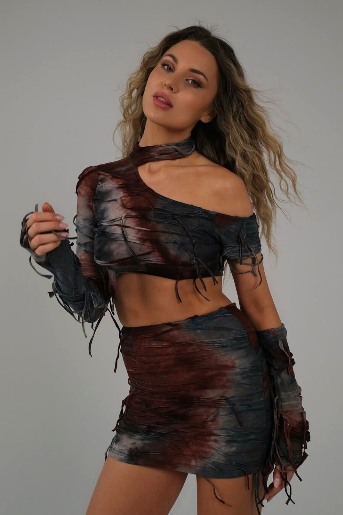 Ainmuire Tie Dye Fringe Asymmetric Skirt Set