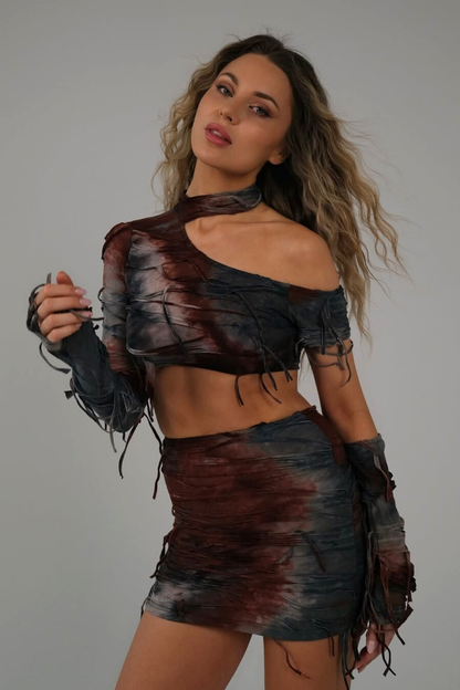 Ainmuire Tie Dye Fringe Asymmetric Skirt Set