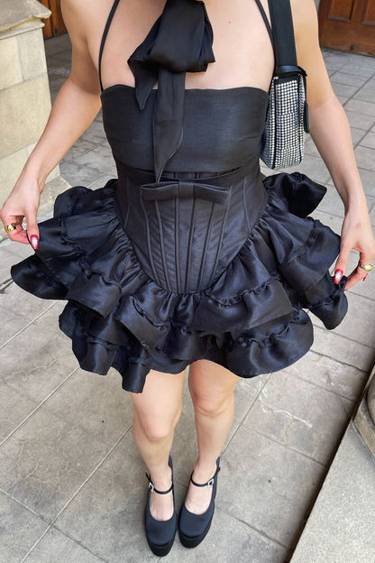 Amiela Corset Lace Up Ruffle Mini Dress