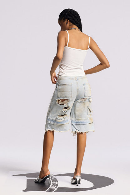 Bijay Deconstruct Ripped Bleached Midi Jeans