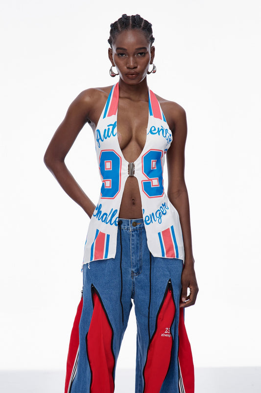 Capucine Plunge Halter Neck Print Top