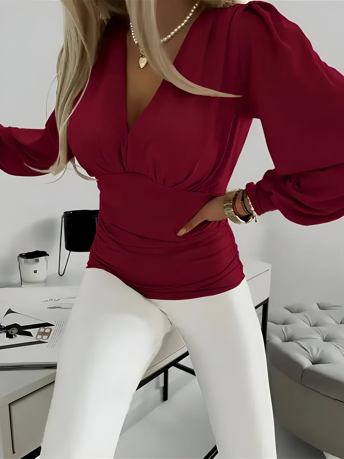 Caylee - Getailleerde Casual Blouse met Lantaarnmouwen